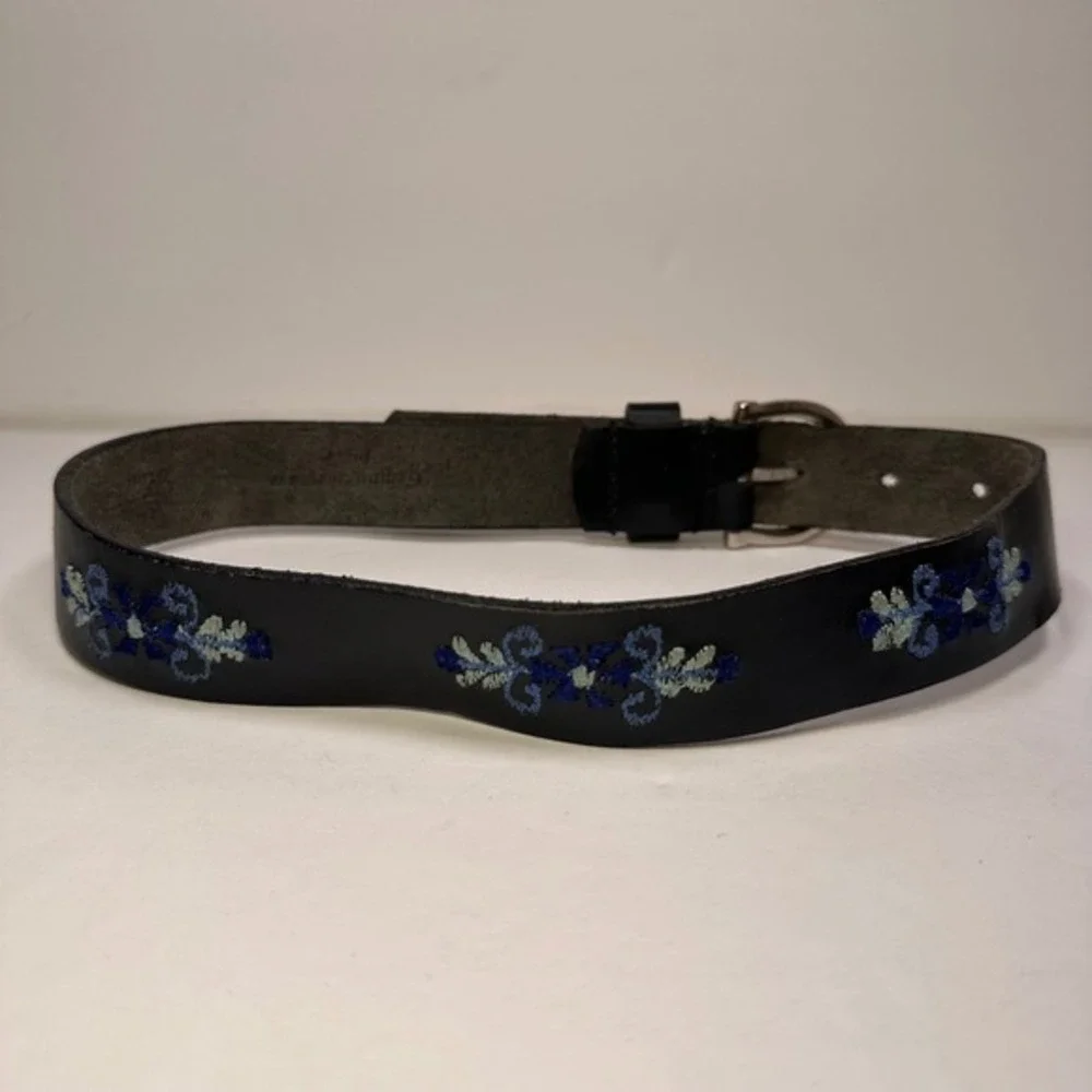 Kids Black Leather Belt Blue Floral Embroidery Buckle Genuine Leather youth S‎